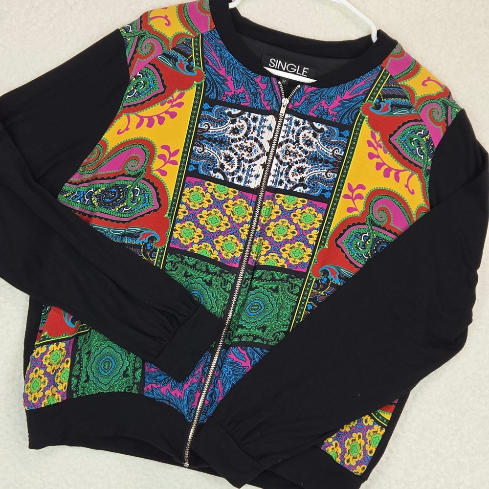 Single Los Angeles Womens Bomber Jacket M Silk Patchwork Paisley Zip Black Multi